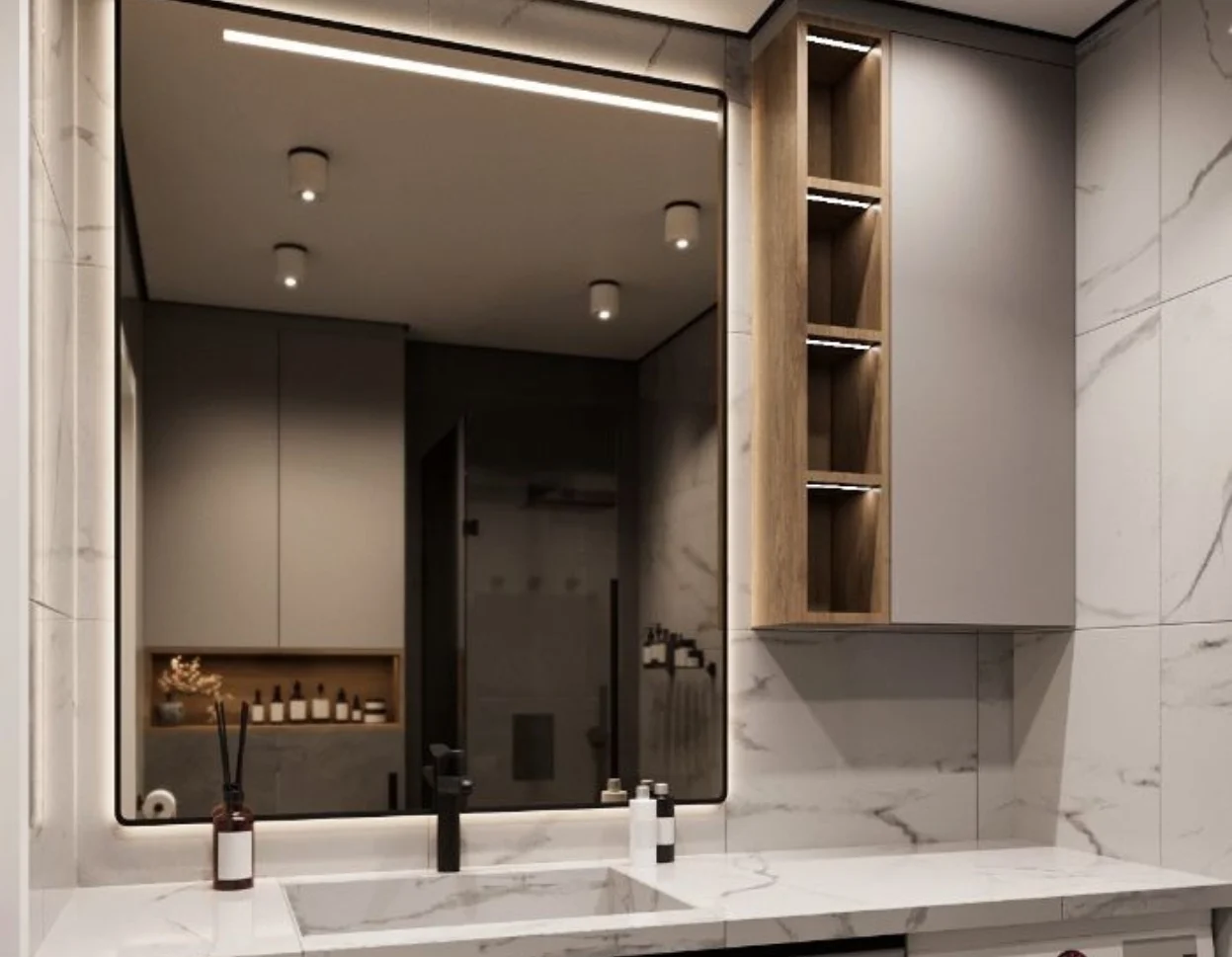 Before and after of a high-end Bellevue bathroom remodel with modern tech