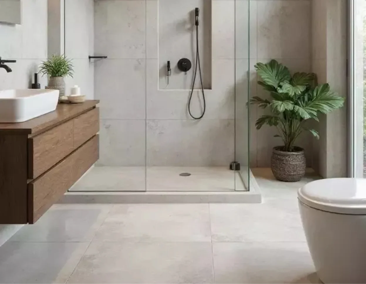 Large format dark graphite floor tiles with invisible smart heated floor technology for PNW homes