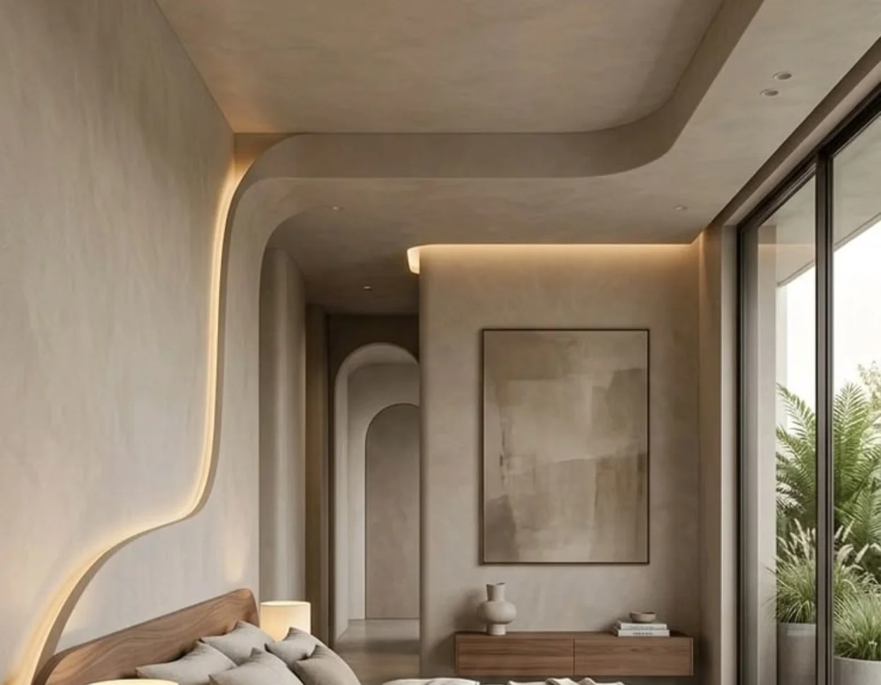 Bedroom ceiling ideas with warm wood finishes and integrated LED lighting