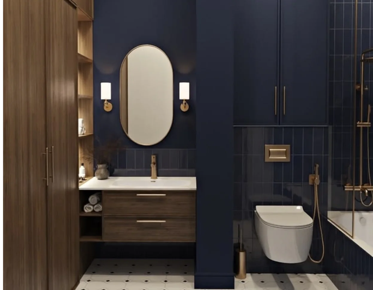 Moody powder room color drenching Bellevue WA with matching trim and ceiling
