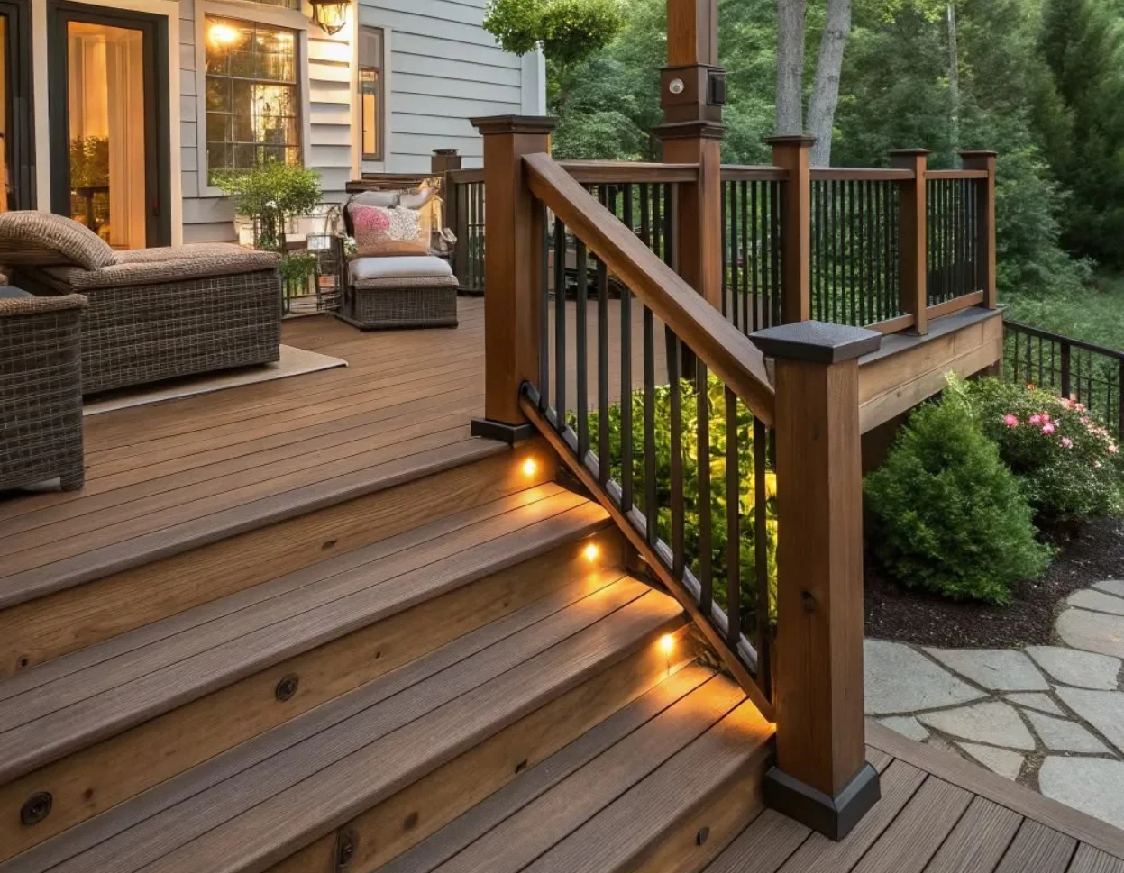 Stair railing detail on a Seattle exterior staircase built for safe grip and support