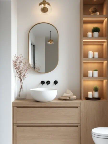 Modern Pacific Northwest bathroom with warm oak vanity and natural stone finishes in a Seattle home