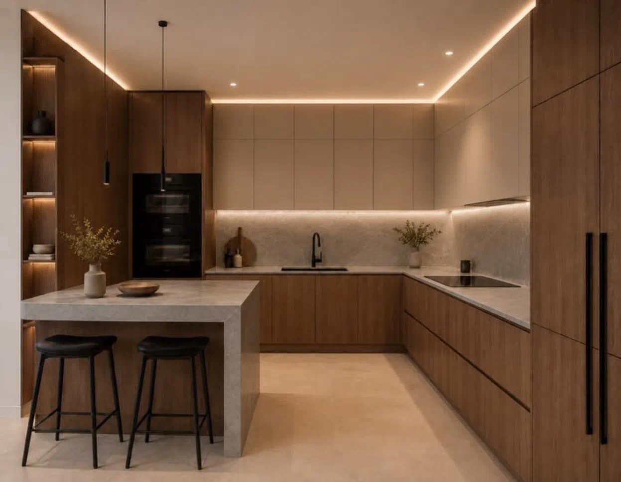 Modern kitchen remodel in Seattle WA featuring quartz countertops and custom cabinetry