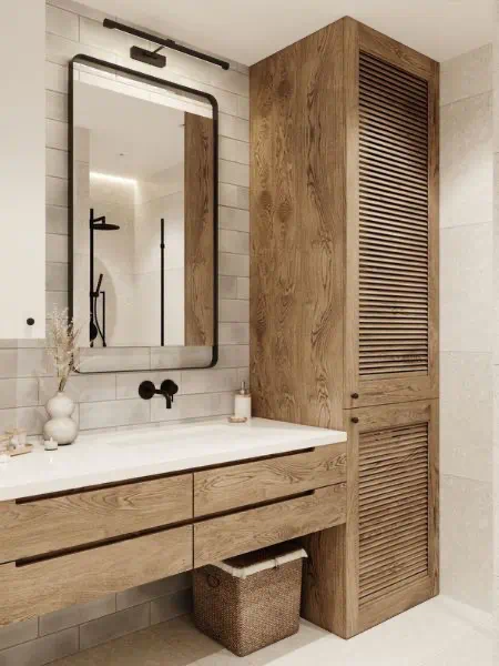 Timeless bathroom design in Redmond featuring large-format tile, warm neutral colors, and brushed nickel fixtures